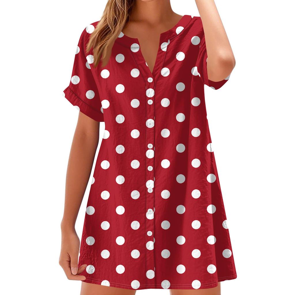 Women's Fashion Casual V-neck Short-sleeve Button Check, Tie-dye, Polka Dot Print Dress