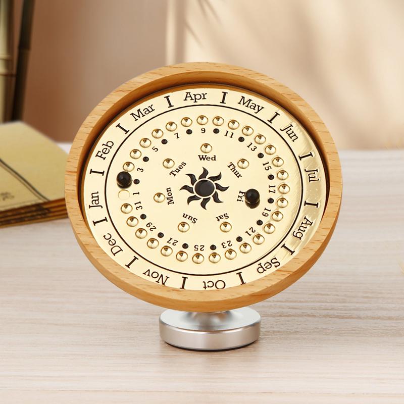 Adjustable Wooden Sundial Perpetual Calendar, Desktop Ornament and Timer for Home or Office Decor
