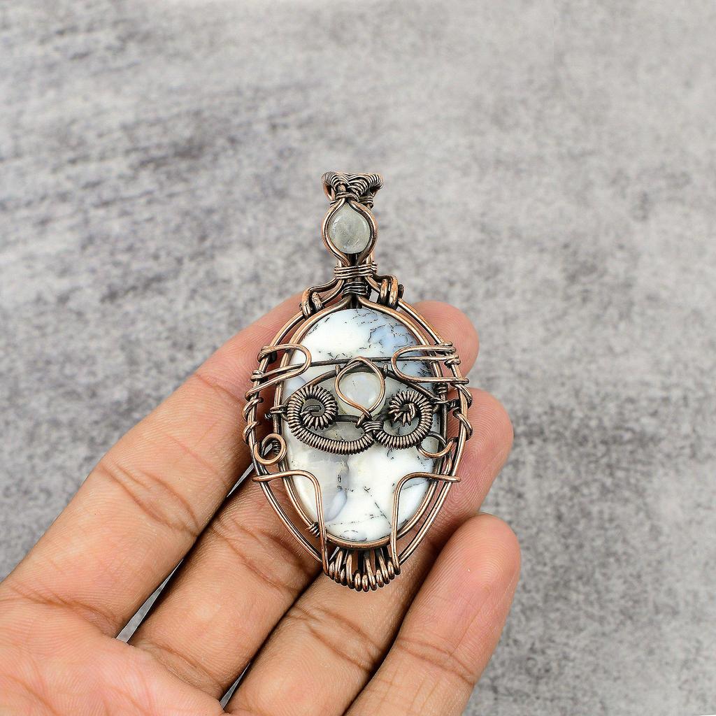 Dendrite Opal & Rainbow Moonstone 999 Copper Wire Wrapped Pendant, Handmade Gemstone Jewelry Pendant Gift For Birthday