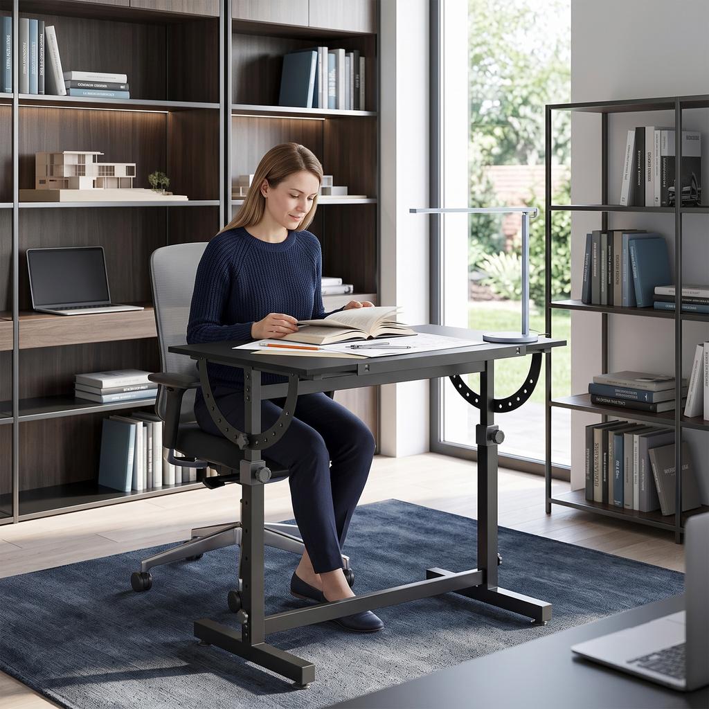 Tiltable Drafting Table, 0-85 Degrees, Height-Adjustable, Non-Slip Edge, Steel Frame, Black