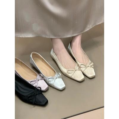 Satin Square Head Bow Mary Jane Shoes Satin Pleated Light Mouth Single Shoes