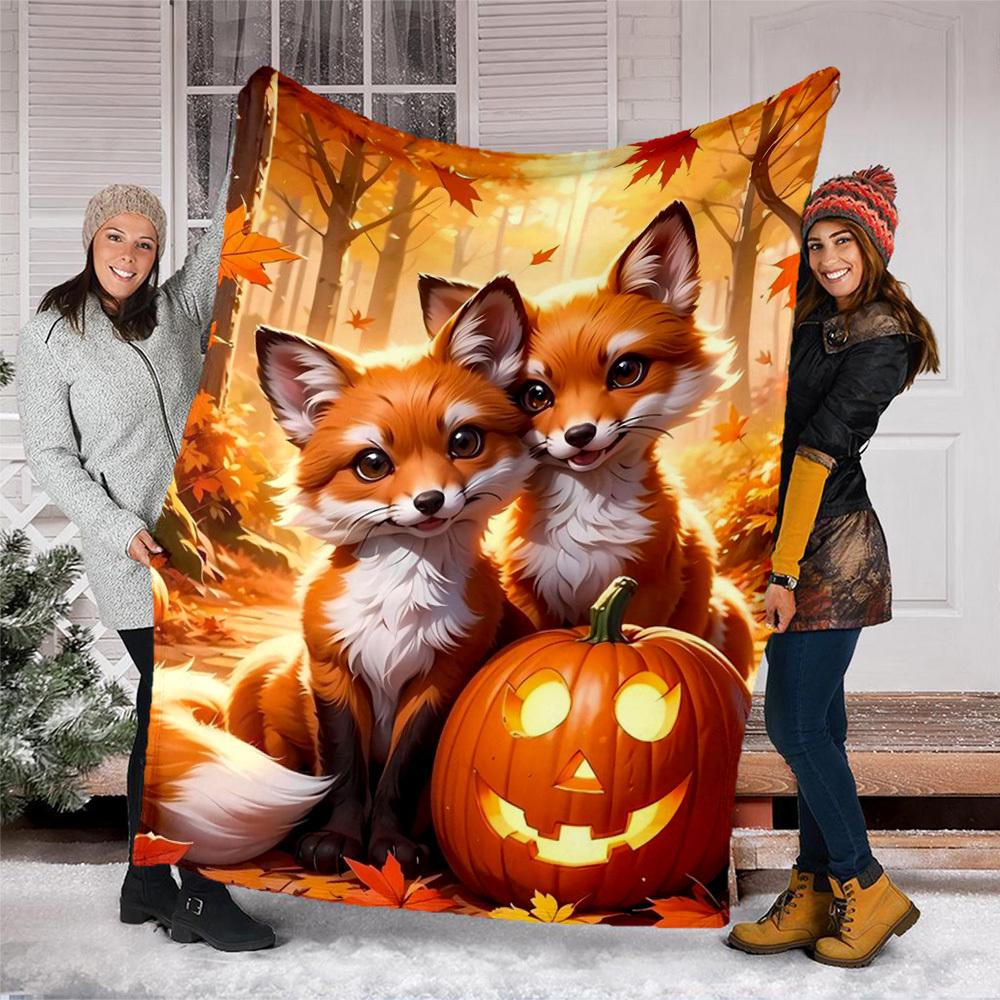 1pc Autumn Foxes Pumpkin Throw Blanket Polyester Fiber, Lightweight Flannel, Soft & Warm, All Season Use for Outdoor, Camping Digital Print
