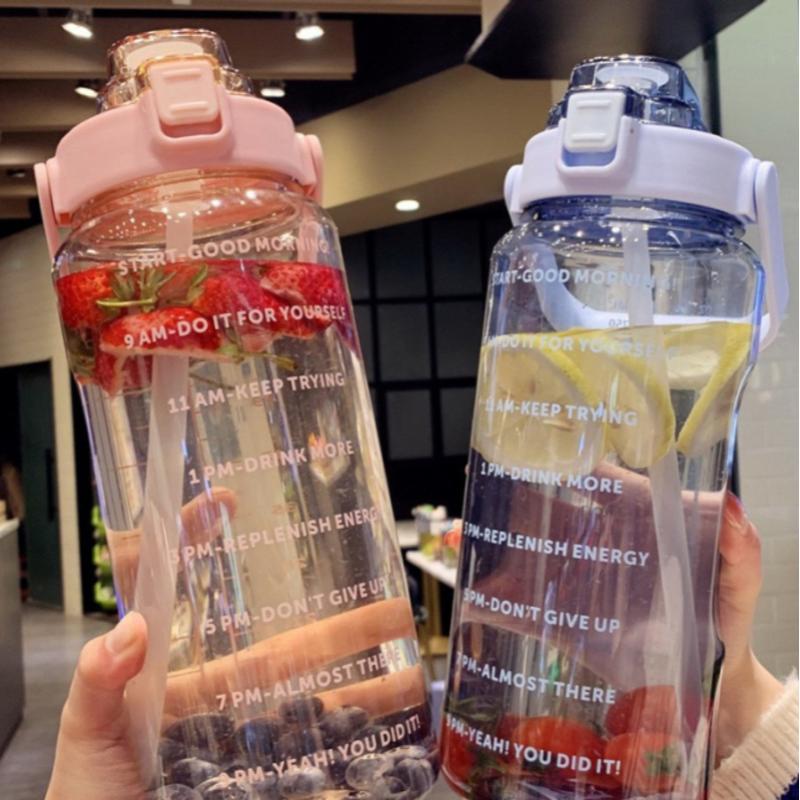 Large Capacity Straw Water Cup 2L Portable Travel Kettle With Straw Sports Fitness Cup Water Cup Drink Bottle With Time Marker