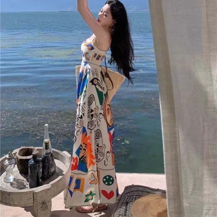 American retro ethnic style oil painting graffiti printing suspender sleeveless dress summer new style long dress women S