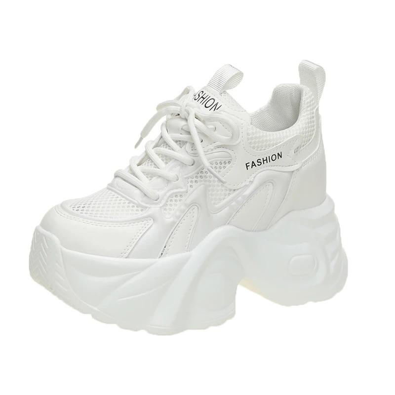 8.5CM Women Summer Hollow Breathable Mesh Chunky Sneakers Microfiber Leather Comfy Casual Dad Shoes Female Platform Sports Shoes