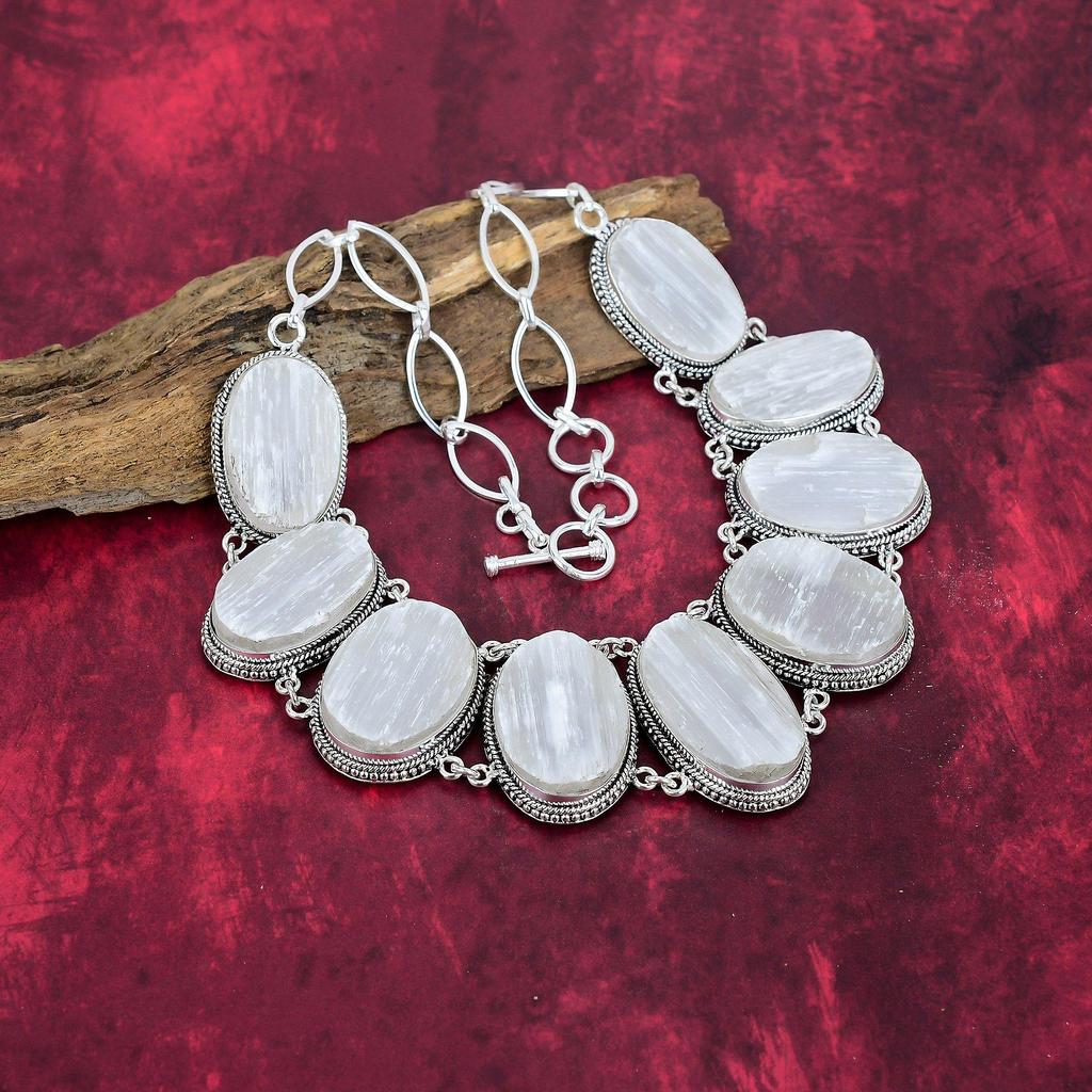 Selenite Handmade Gemstone Necklace, 925 Solid Sterling Silver Necklace Antique Jewelry, For Engagement Gift