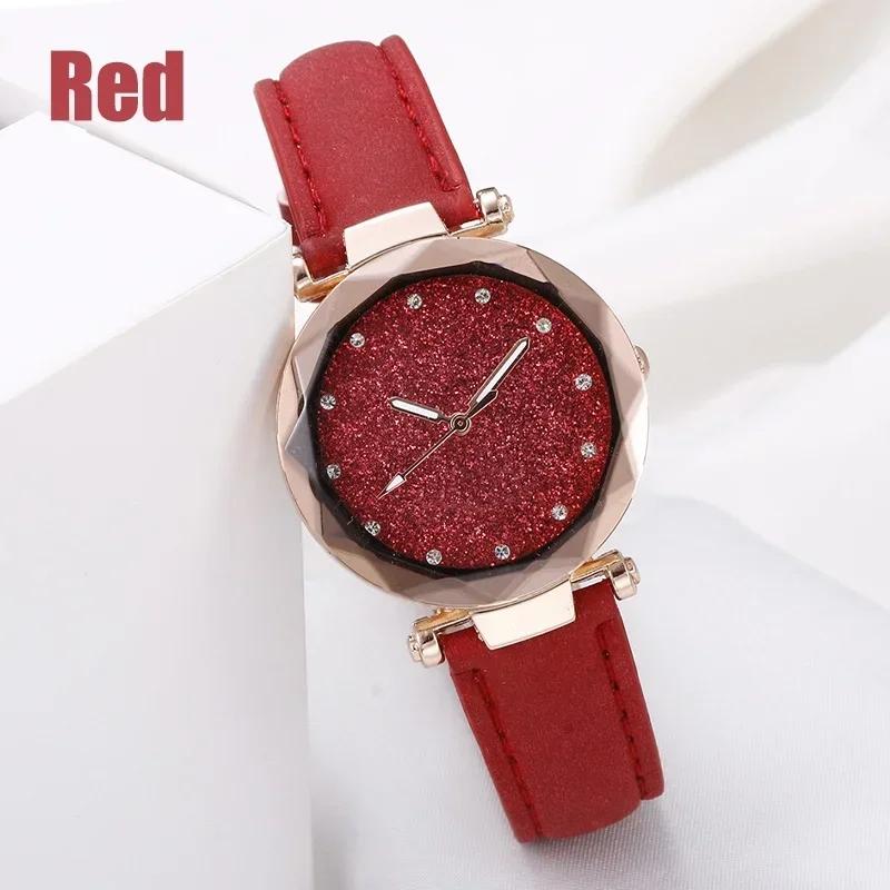 Womens Fashion Leather Strap Watch Frosted Dial Diamond Starry Design Golden Edge Quartz Watch Multicolor