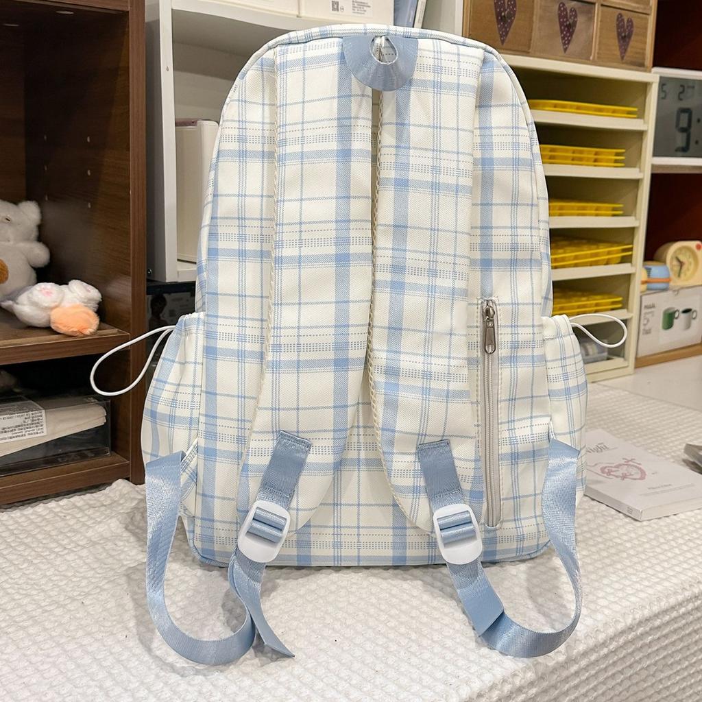 Schoolbag Soft Mist Milk Blues Healing Textured Plaid Middle School Backpack Women's Milk Huhu Sweet Soft Sister Travel Small Backpack