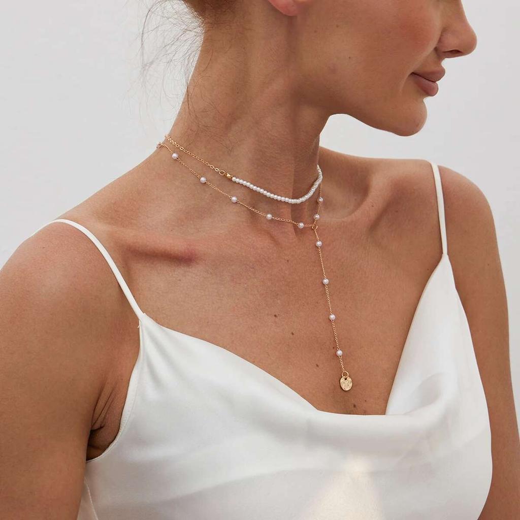 Ingemark 2Pcs/Set Minimalist Imitation Pearl Chain Necklace for Women Collar Trend Vintage Sequin Pendant Choker Party Jewelry