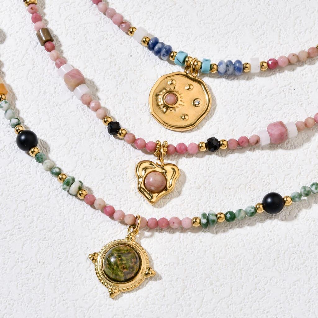 Retro French Colorful Beaded Necklace with Stainless Steel Pendant - High-End Clavicle Chain