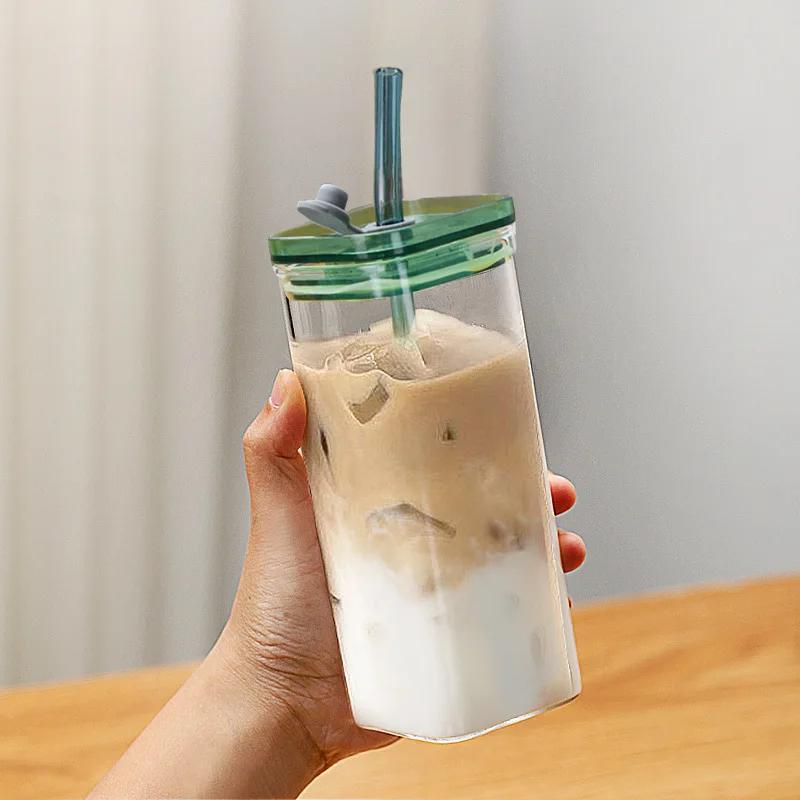 Square Heat Resistant Transparent Coffee Glass Mug Milk Tea Juice Glass Water Cup with Lid and Straw Coffee Cup Drink Mug