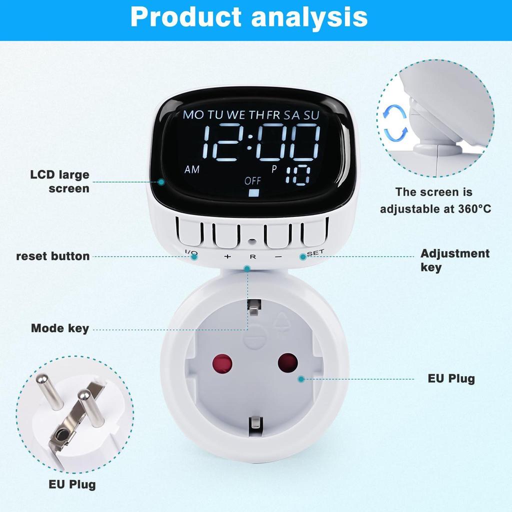 360 Degrees Rotating Screen Timer Socket AC230V 16A 3680W Digital Timer 10 Programmable Switches Program Digital Timer