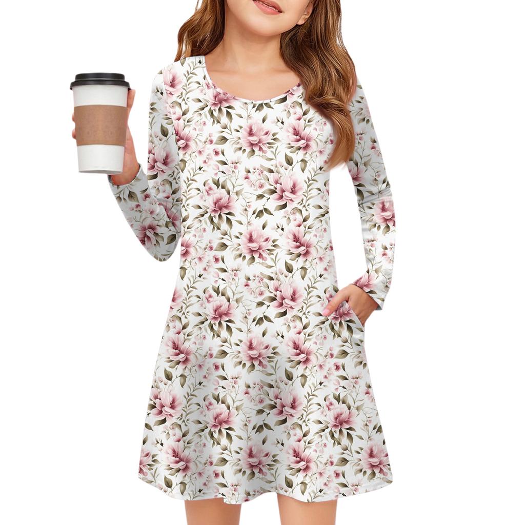 Girls' Long Sleeve Dress - Color Pocket Dress