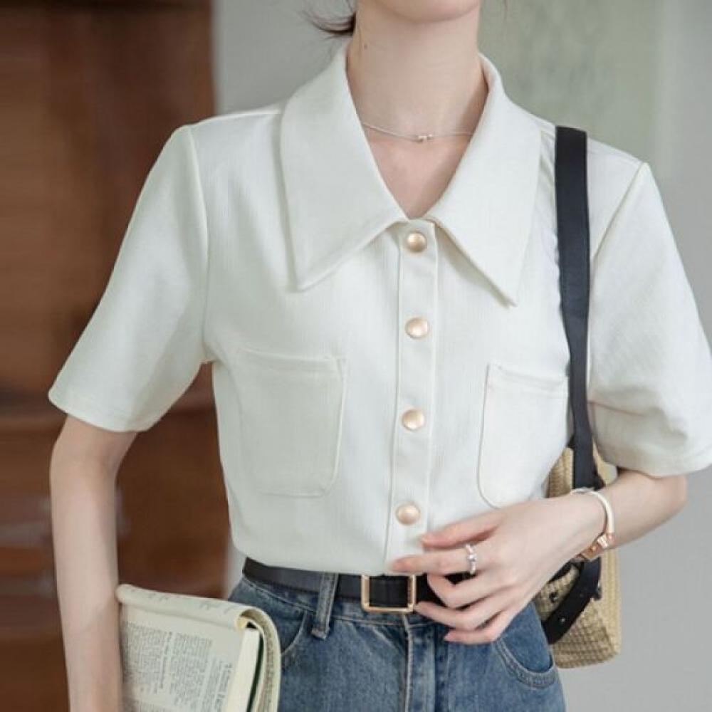 Navava Women Retro Ribbed Pocket Short Sleeve Shirt Nb2696