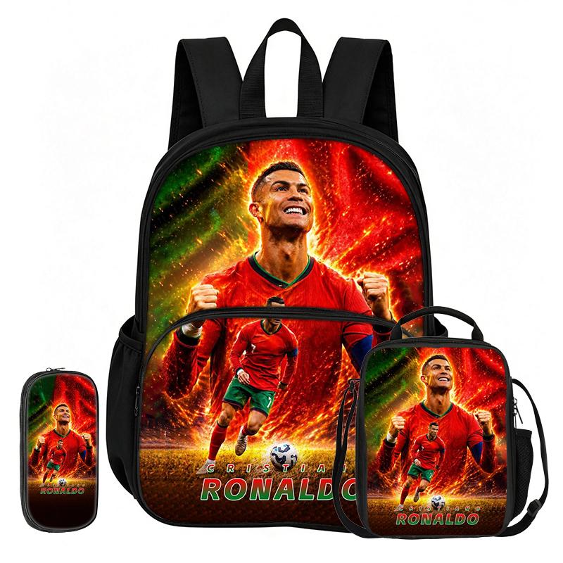 Learn, Travel Football Star School Bag Ronaldo 3 Pcs set with Front Pocket Backpack Lunch bag, Pencil Case, Sport Rucksack