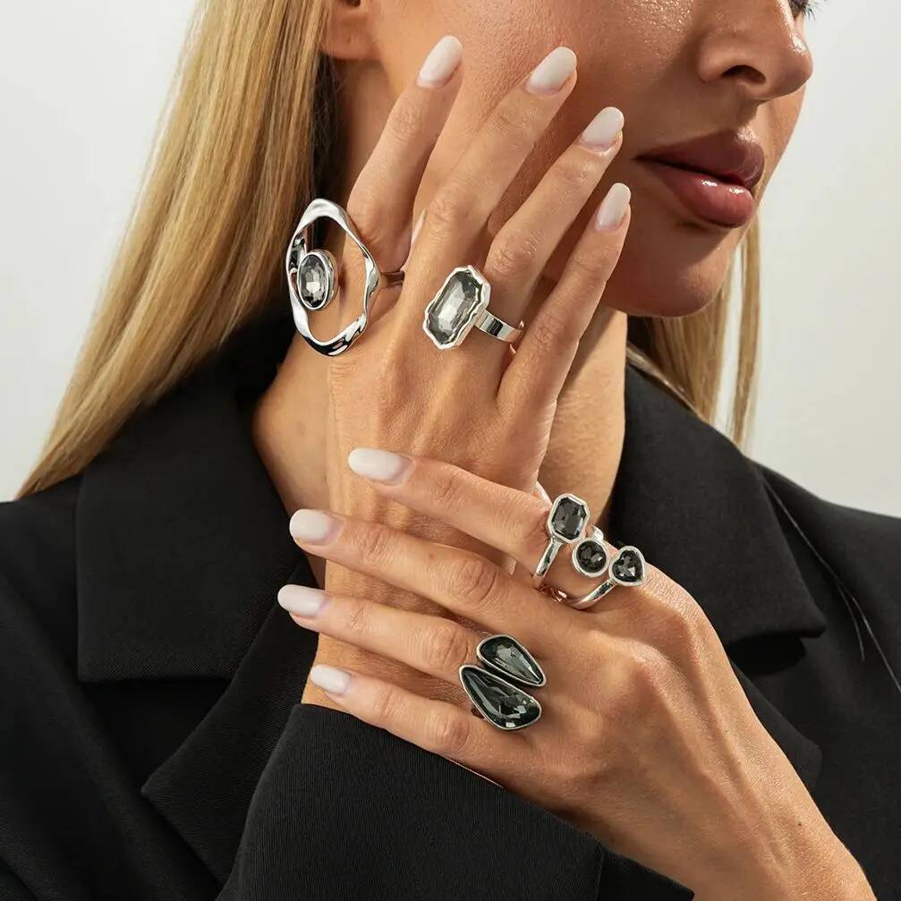 KunJoe 2026  Rhinestone Acrylic Rings Women Vintage Simple Geometric Adjustable Knuckle Ring Party Jewelry Accessories