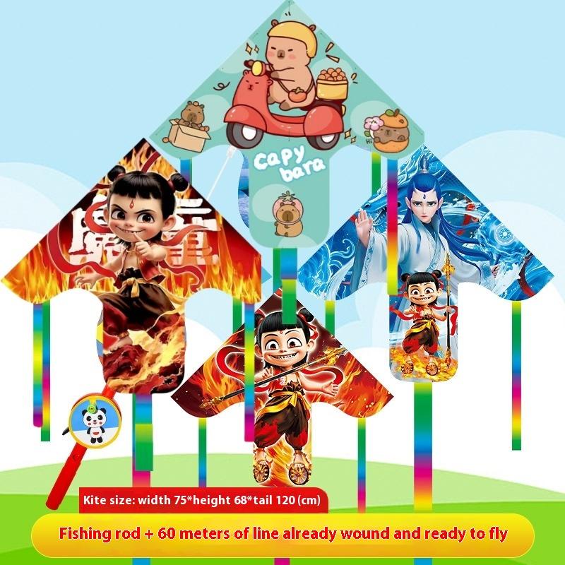 1 Set Cartoon Nezha Foldable Mini Plastic Kites Hand Brake Fishing Rod Children Kite Toy Kids Fun Outdoor Toys