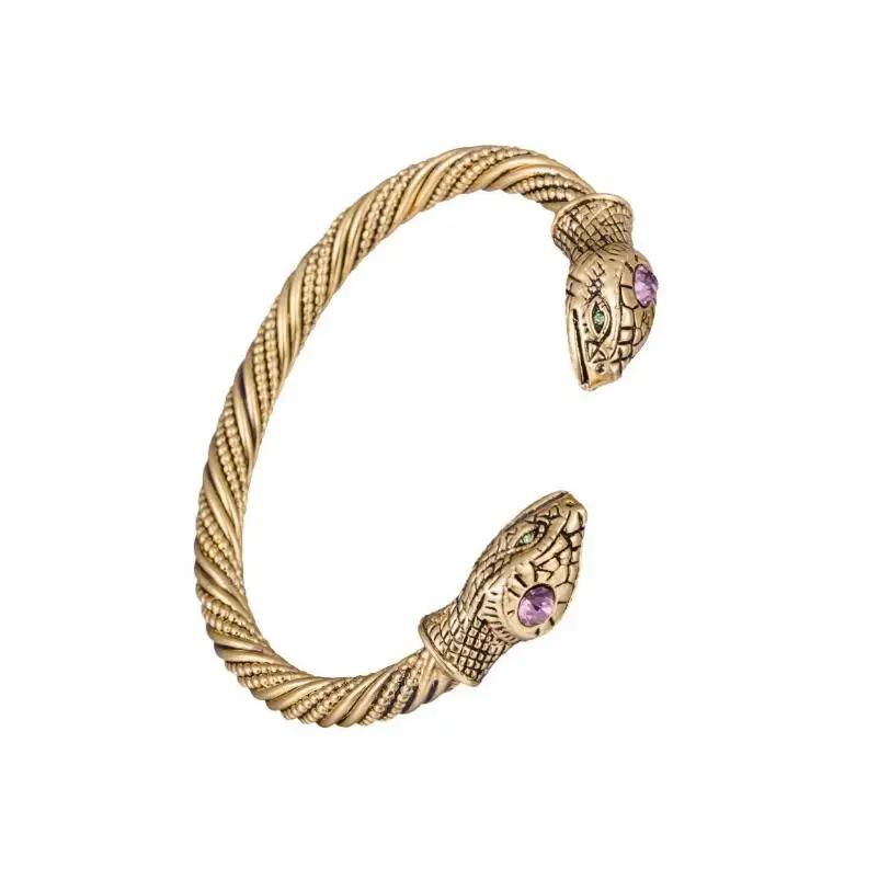 

Dreamtimes Snake Head Viking Vintage Cuff Bracelet with Pink/Blue Crystal Egyptian Animal Bangle Carved Wristband Jewelry Gifts