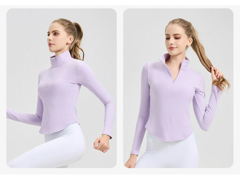 NUF Women's Autumn/Winter Nude-Feel Stand-Collar Half-Zip Yoga T-Shirt - Waist-Slimming Long-Sleeve Fitness Top