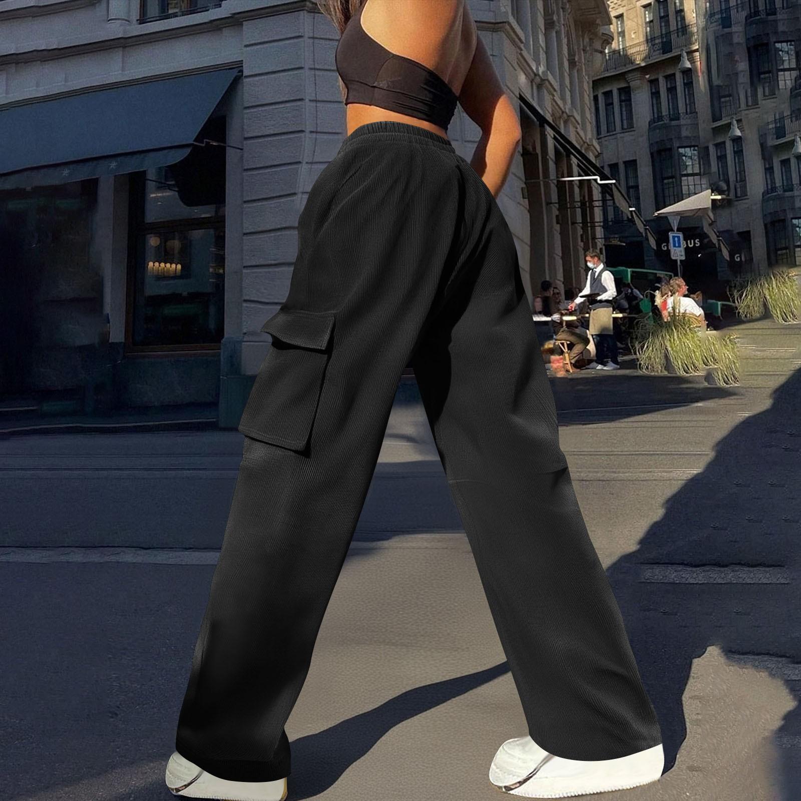 

Womens Trendy Casual Streetwear Baggy Cargo Pants With Pockets Wide Leg Trousers Loose Overalls Long Pants XXL чорний