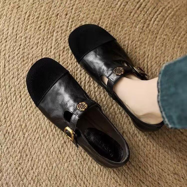 Camellia Mary Jane shoes women's 2025 autumn new retro T-word soft-soled leather shoes versatile one-pedal Doudou shoes