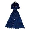 French celebrity style pink lace dress women's summer short-sleeved lapel waist A-shaped skirt temperament