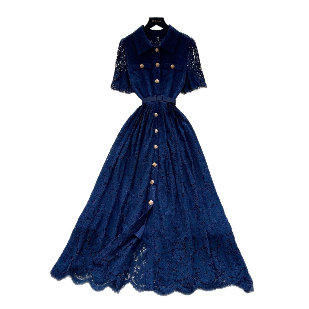 French celebrity style pink lace dress women's summer short-sleeved lapel waist A-shaped skirt temperament