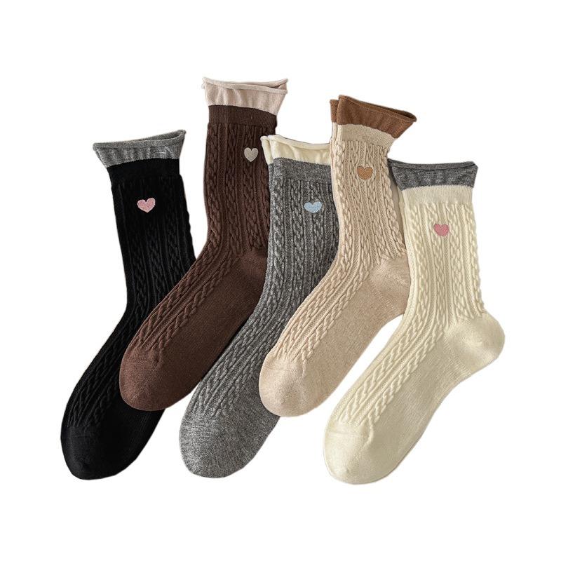 Thick Wool Socks - Suitable for Autumn and Winter. Flared Cuffs. Color Contrast. Mid-calf Length. Embroidered Hearts. Twisted Yarn Pile Socks.