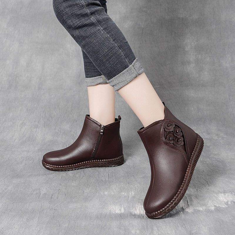 Fleece verdickte Baumwollschuhe Mutter Schuhe Stiefeletten Damen Retro rutschfeste Rindflechse Sohle echtes weiches Leder mittleren Alters und ältere Baumwolle bo