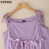VONDA Women Summer Strap Sleeveless Bow Knot Pleated Casual Tank Tops