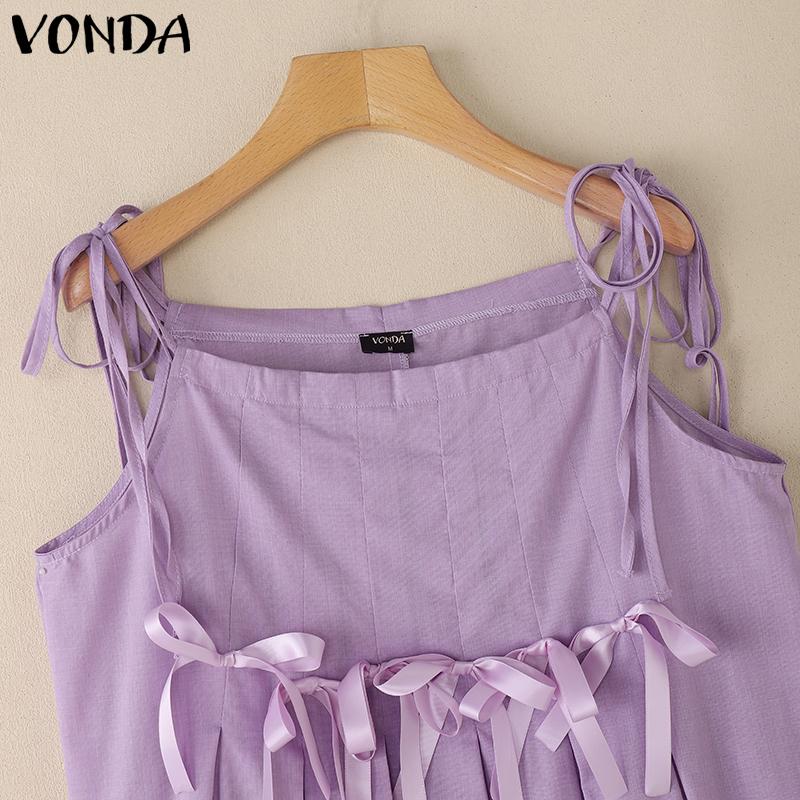VONDA Women Summer Strap Sleeveless Bow Knot Pleated Casual Tank Tops