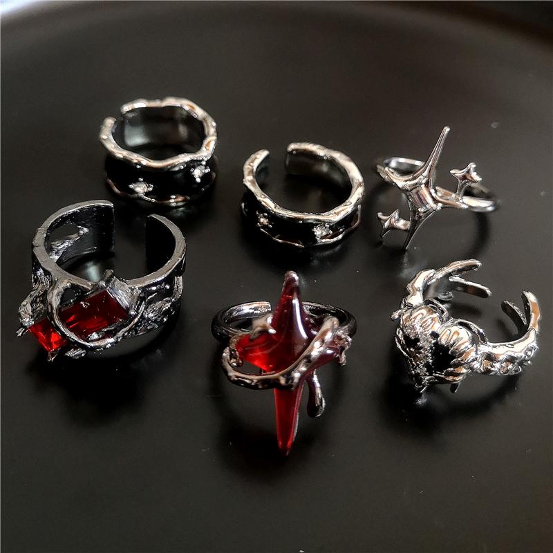 Gothic Punk Black Crystal Heart Love Red Cross Geometric Drip Oil Opening Ring Y2K Grunge Cool Hip Hop Jewelry Emo Accessories