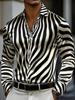 Camisa casual masculina preta e branca com estampa de zebra, de manga comprida, slim, moderna, com textura brilhante
