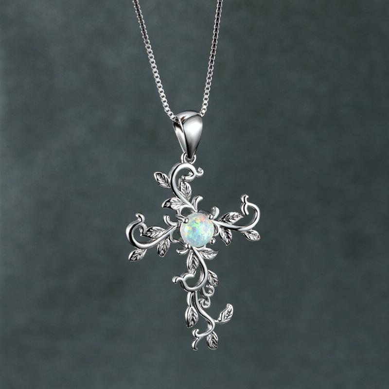 

ins Platinum Cross Flower Vine Pendant Necklace Niche Design Personalized Clavicle Chain білий