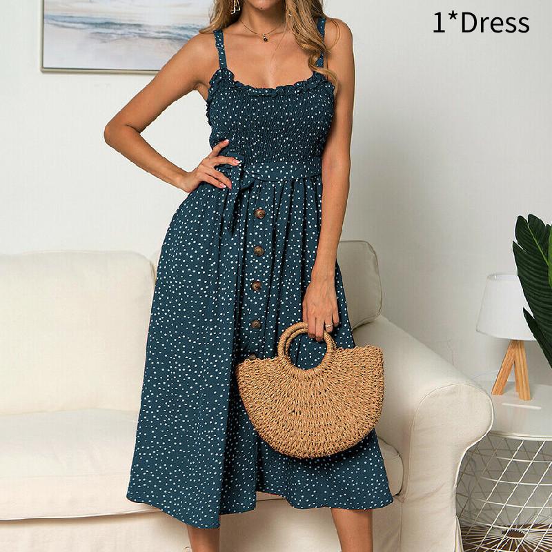 Polka Dot Print Princess Dress With Ruffle Trim Spaghetti Straps