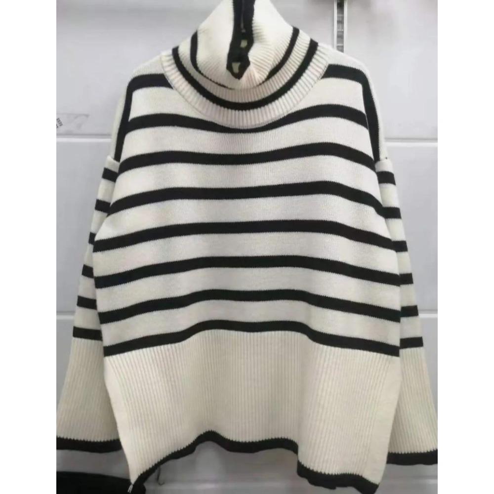 

Уличная одежда Свободный топ Женский пуловер Женский джемпер с длинным рукавом Водолазка Вязаный полосатый свитер One Size белый