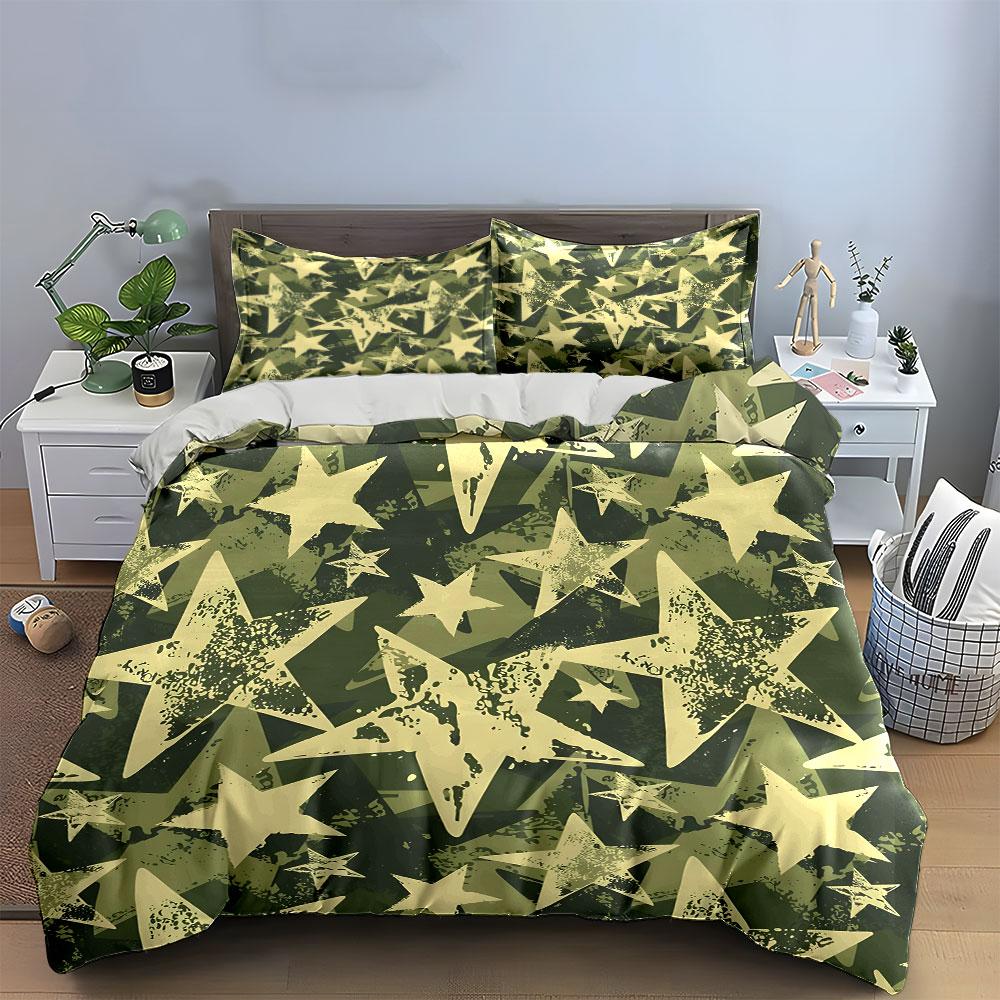 Camouflage Stars Pattern Bedding Duvet Cover Set (1*Duvet Cover 2*Pillowcases, Without Duvet Insert)