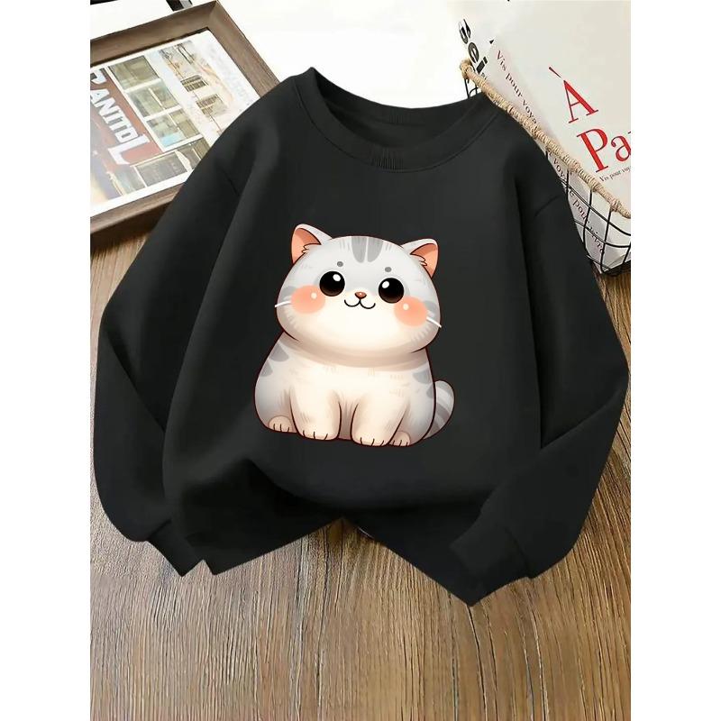European Sizes Kids' Round-Neck Hoodie | Cute White Cat with Pink Cheeks, , Sportswear and Casual Wear, Soft and Comfortable, Playful Design