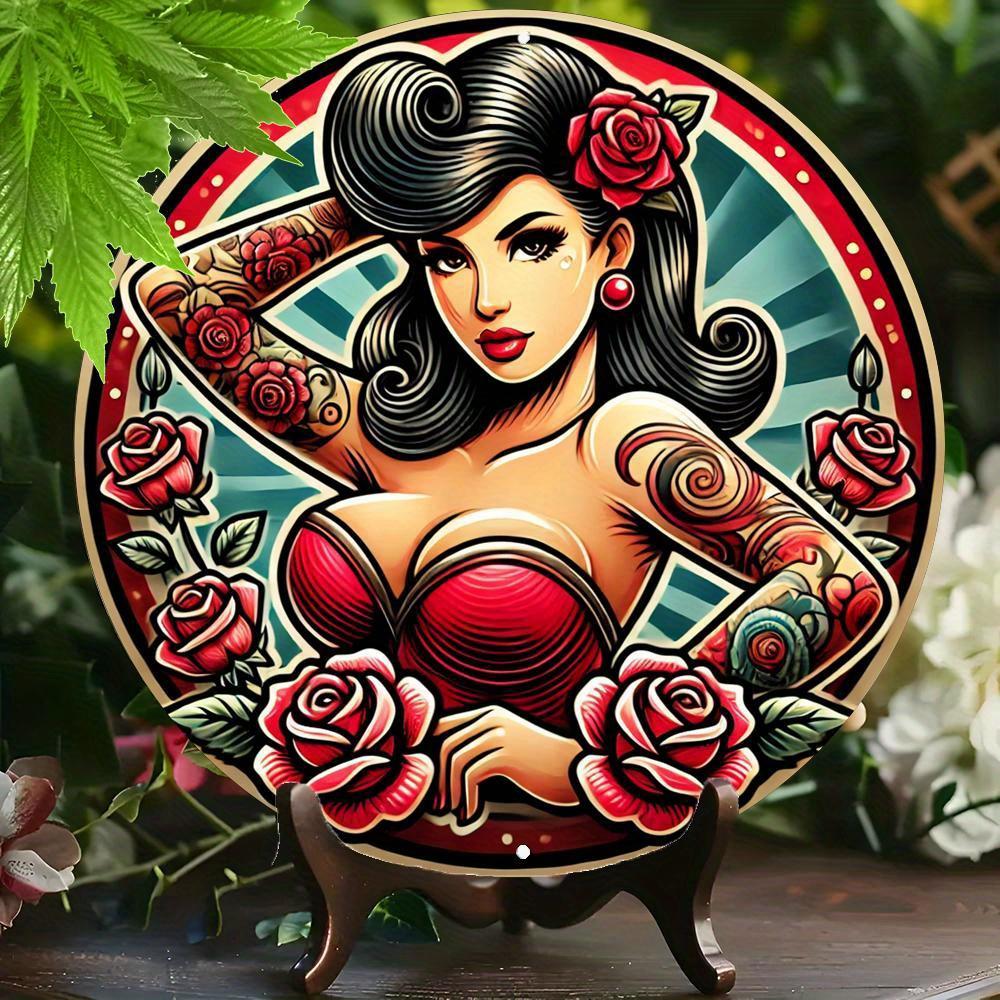 Pc Vintage PinUp Girl Round Aluminum Sign Xcm Retro Red Dress Floral Design Bold Red Roses Tattooed Woman