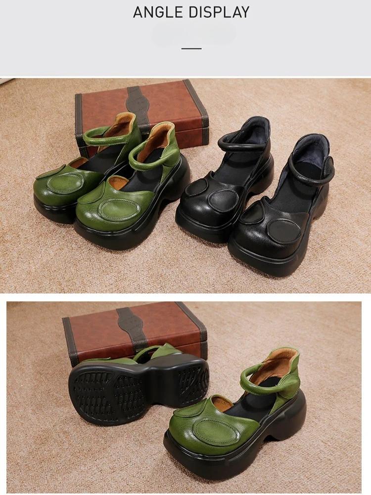 Johnature Mary Jane Round Toe Thick Soled Sandals Genuine Leather Comfortable Women's Shoes