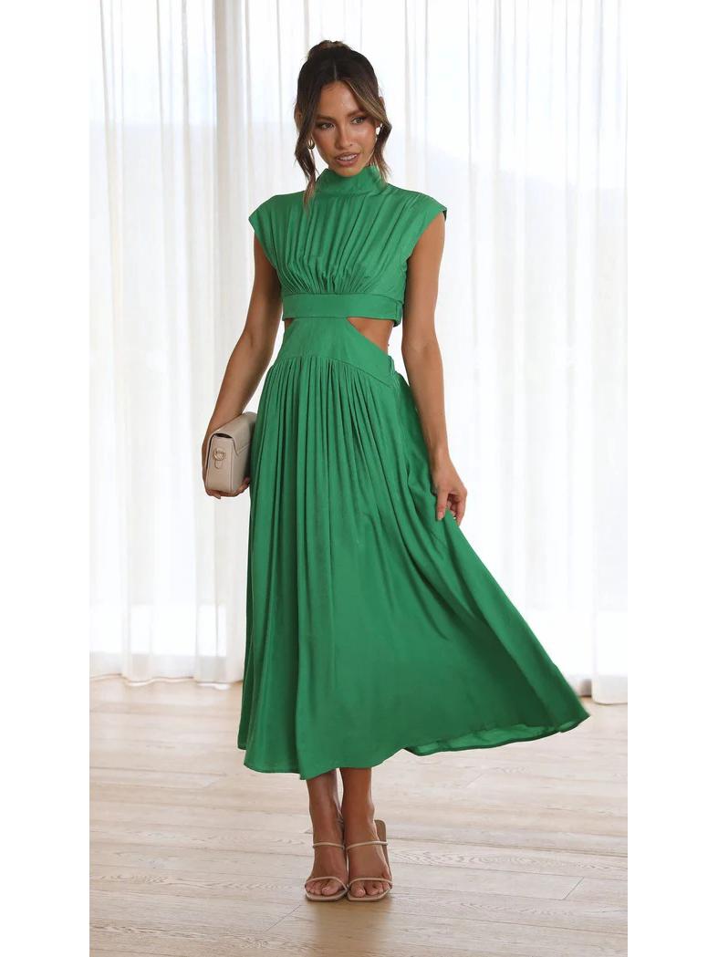 

2024 European & American Sweet Summer Fashion Stand Collar Cutout Waist Long Dress in Macaron Colors XXL зелений
