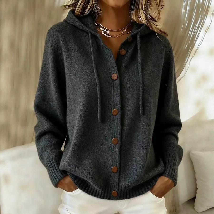 2026 Women's Solid Color Knit Hooded Cardigan Jacket for Autumn/Winter - European & American Casual Fashion Style