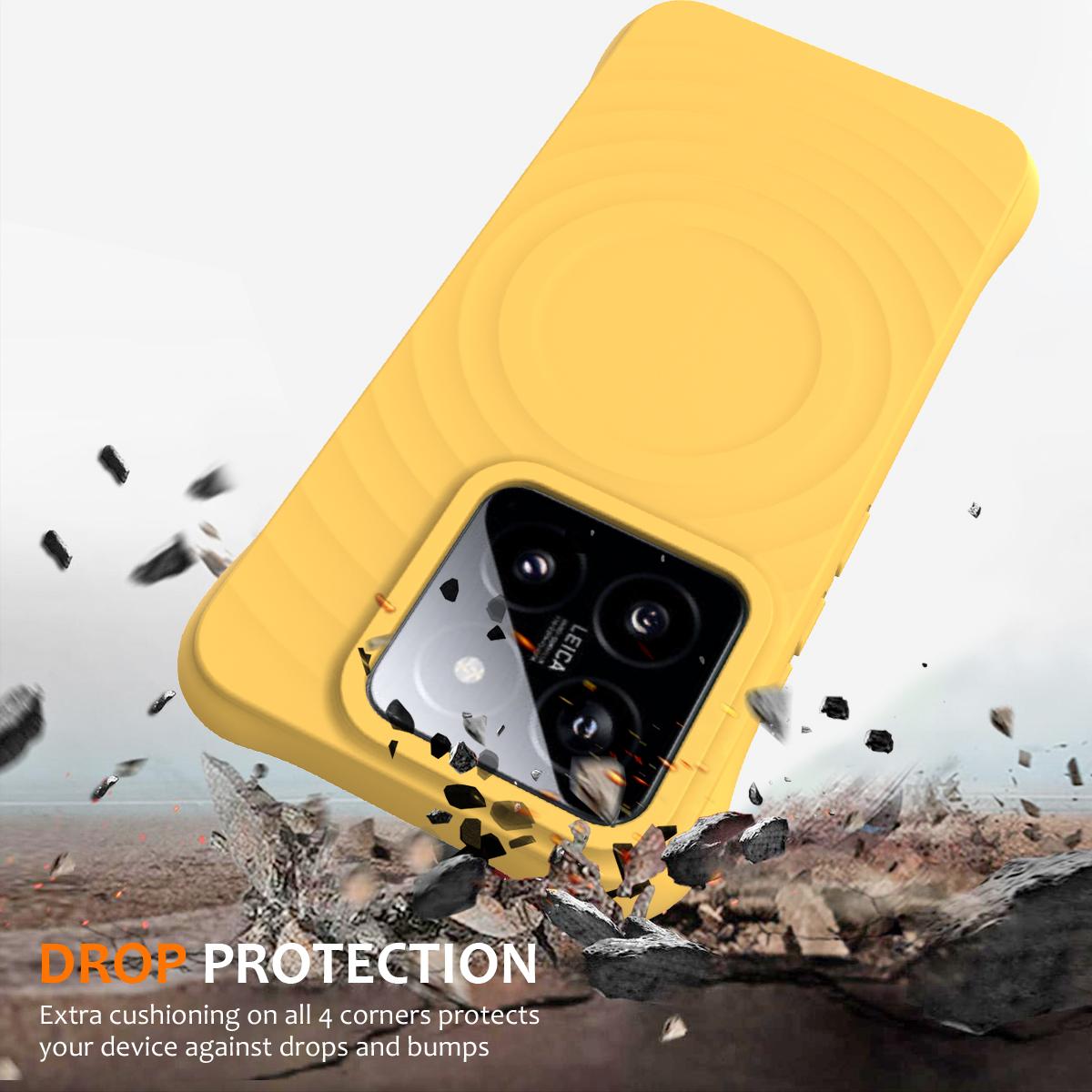 

For Xiaomi 14 Case Compatible with MagSafe Ripple Texture Liquid Silicone Protective Cover with Strap Yellow