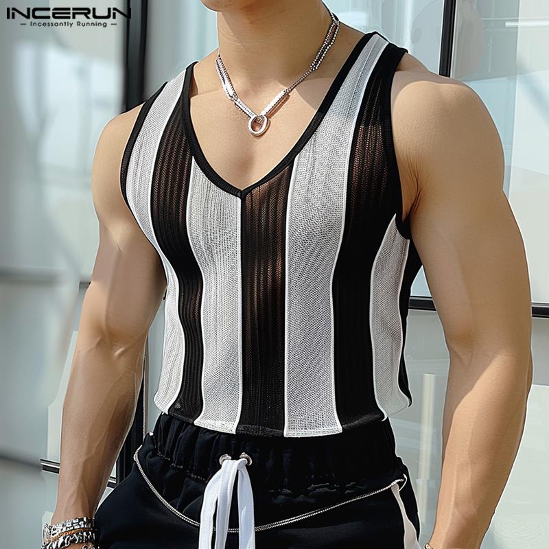 

INCERUN Men Summer Striped Mesh Sleeveless Tank Tops Party Bech Patchwork See Through Vest 4XL чёрный