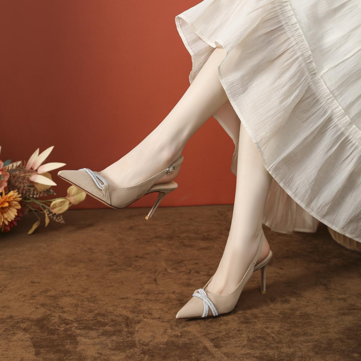 

New suede small man temperament empty high heels black high sense, rhinestone sandals women s summer wear 39 хаки