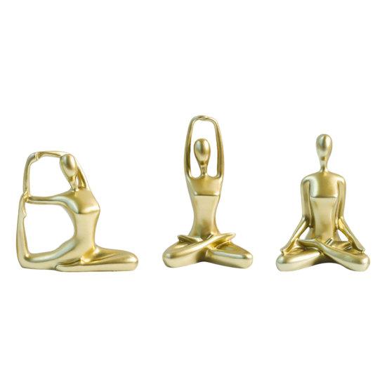 DYS 3Pcs Abstract Yoga Figure Sculpture Set, Hollow Dancer with Glossy Gold Matte Silver Black Nude Finish, Modern Desktop Decor for Bedroom