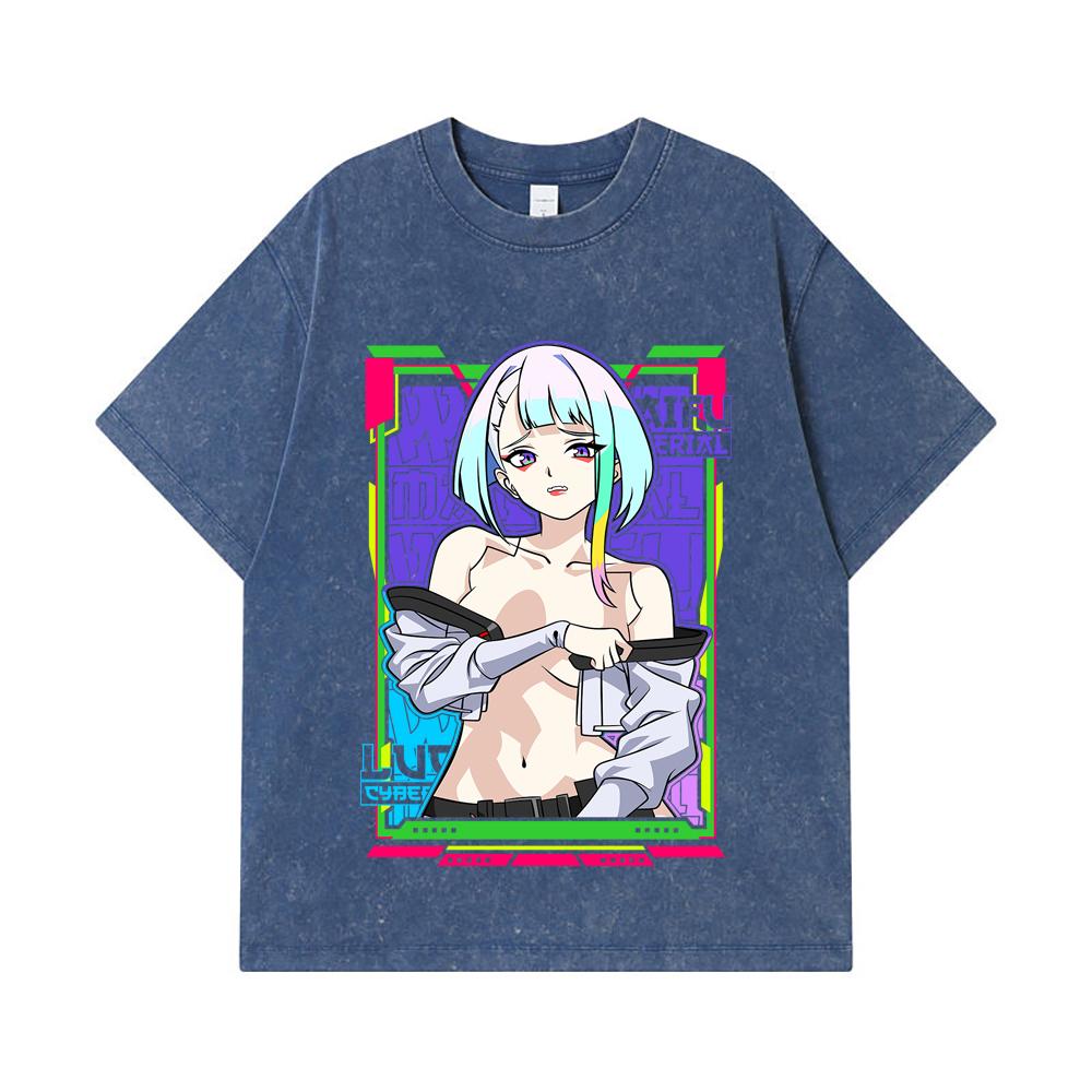 275 GSM Washed T-shirts 100% Cotton Cyberpunk V11 Lucy Waifu Print Unisex Heavy Cotton T Shirt