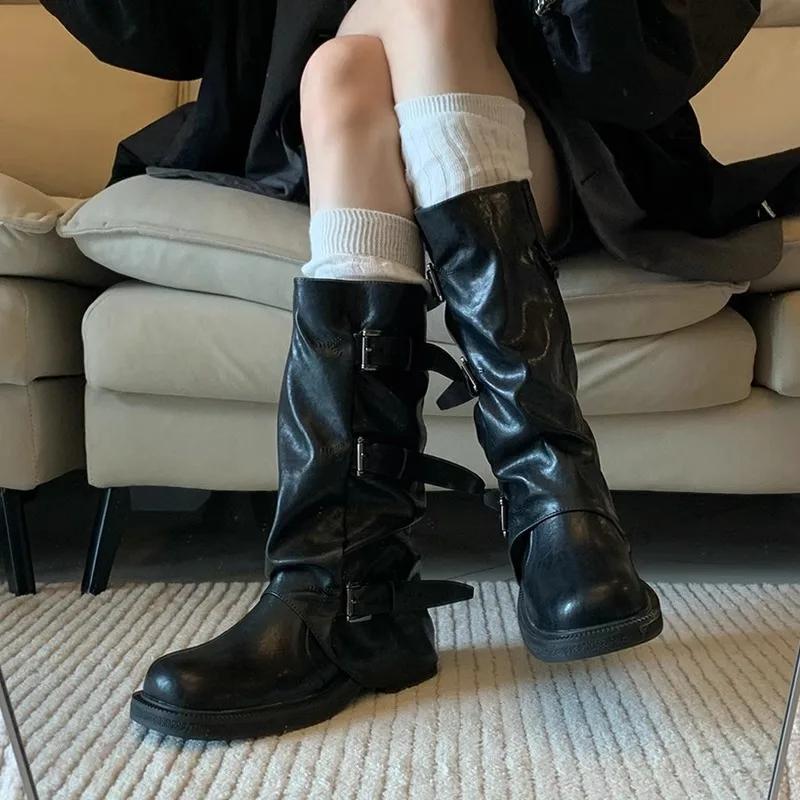 2024 Autumn Women's Knee High Boots Western Round Toe Long Boots Western Shoes Chunky Heel Platform Boots Women