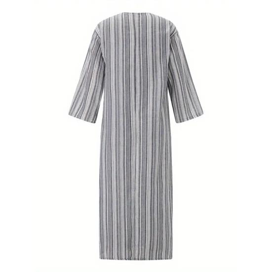 Damen Sommer Boho Gestreiftes Baumwoll-Leinenkleid Lässig Kurzarm Strand Maxikleid mit Vordertasche