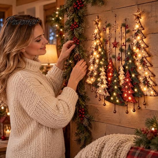 Indoor Festive Decor Lighted Wooden Christmas Tree Ornament, Rustic Holiday Wall Decoration with LED Living Room Light for Home Bedroom and